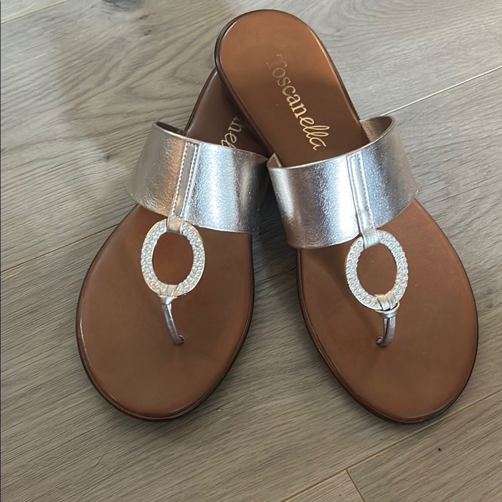 Silver Thong Sandals with Circular Detail